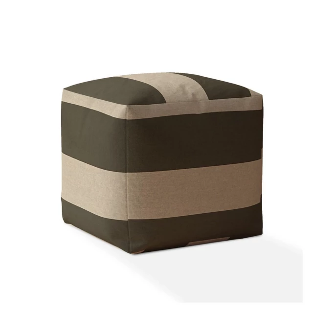 Green cotton striped pouf cover with artistic wood texture design