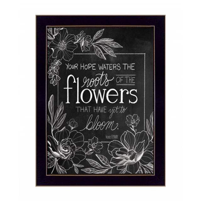 Black framed Bloom print wall art featuring branch and twig patterns with artistic poster design