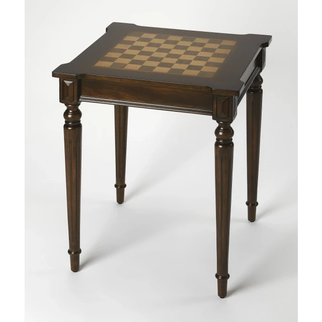 Dark brown square coffee table made of stained wood with rectangle top and chairs