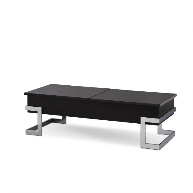 Black silver iron lift coffee table with wood accents suitable for outdoor use