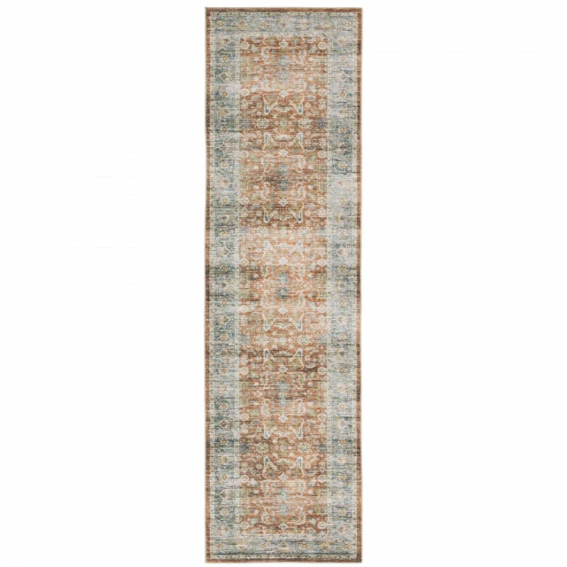 stain resistant non skid runner rug in brown with rectangular pattern