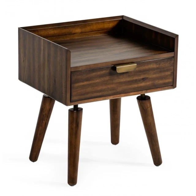 Walnut Acacia wood nightstand with single drawer and hardwood plank design