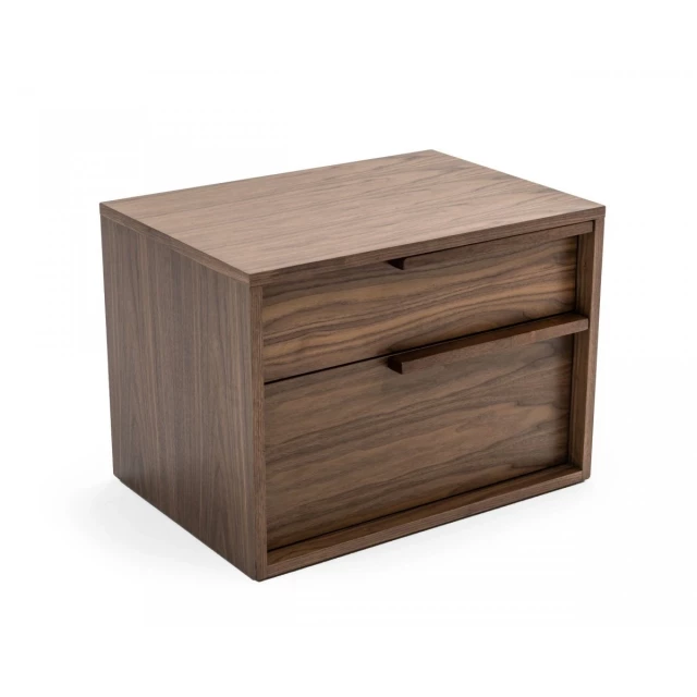 Modern light brown walnut nightstand with drawers and wood stain finish
