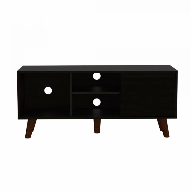 Particle board open shelving TV stand with wood and metal elements