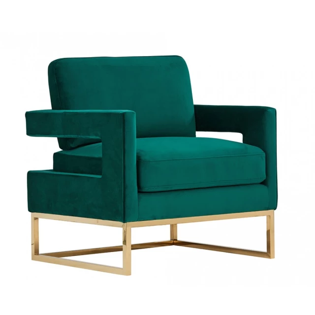 Stylish green velvet gold steel chair with armrests and comfortable rectangular seat