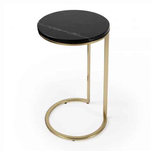 Black marble round end table with wood and metal elements