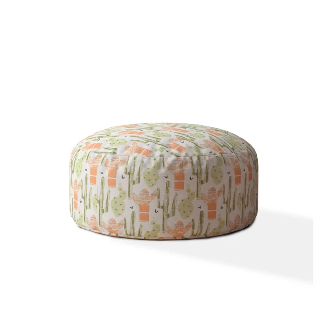 Orange cotton round cactus pouf cover with artistic and natural design elements