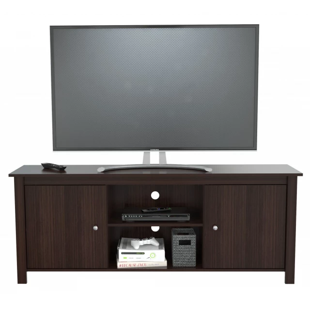 Mirrored TV stand with enclosed cabinet storage and flat panel display design