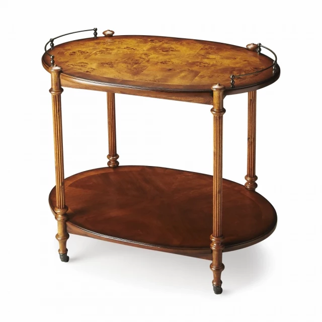 Olive ash burl tea server on wood shelf with chairs and outdoor furniture