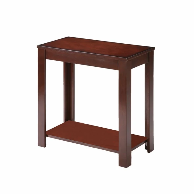Brown end table shelf with wood stain and pedestal design