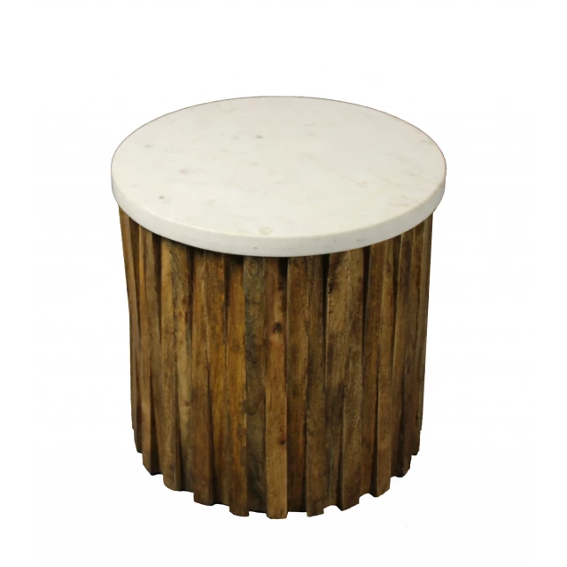 Marble solid wood round end table with plant and hardwood details
