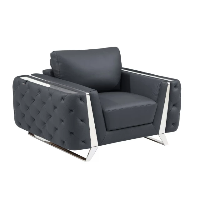 Silver faux leather tufted arm chair with comfortable armrests and stylish rectangle design