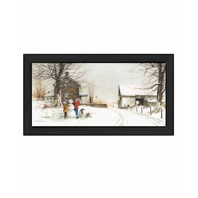 Black framed print of a snowy natural landscape with trees and branches