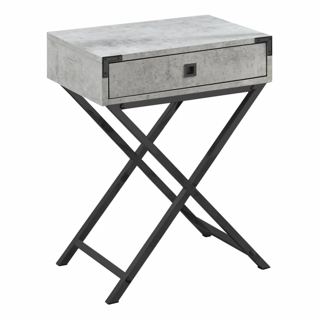 Black gray end table with drawer featuring wood and metal elements suitable for outdoor furniture.