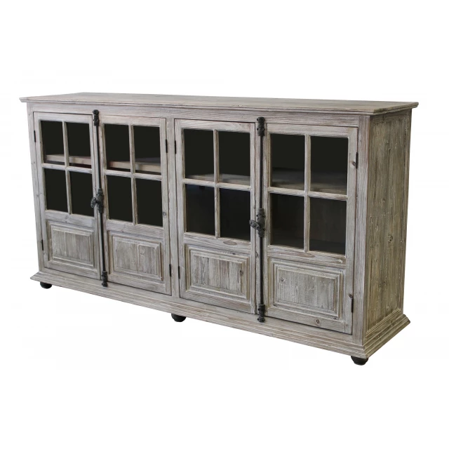 Four door sideboard with glass inserts and wooden shelving