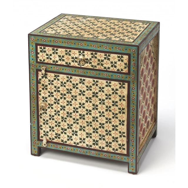 Green ivory standard accent cabinet drawer with wood shelf and art detail