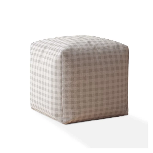 Gray cotton gingham pouf cover with wood ottoman and beige comfort features