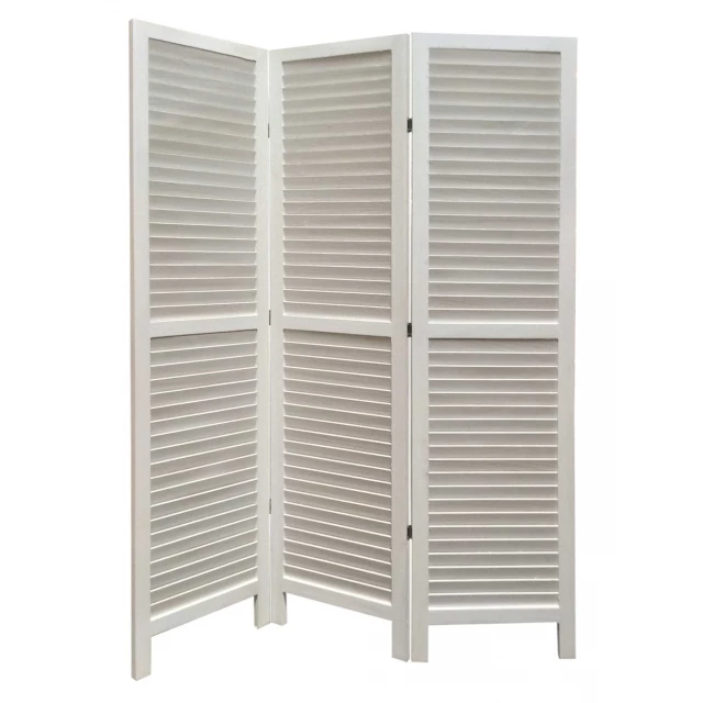 Wood shutter panel room divider screen in furniture style with metal accents