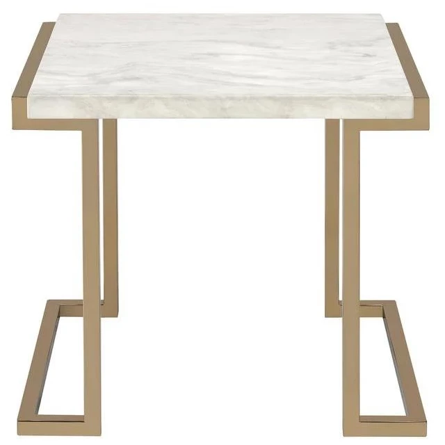 White faux marble mirrored end table with wood shelving for modern home decor