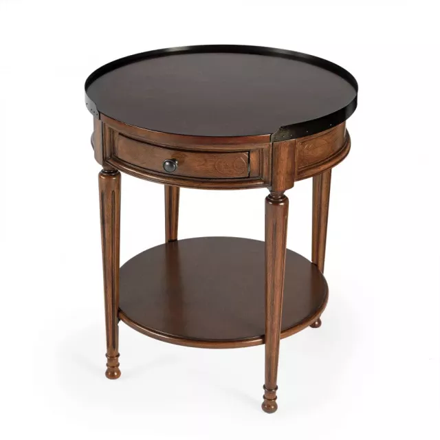 Round wooden end table with drawer and shelf on hardwood floor