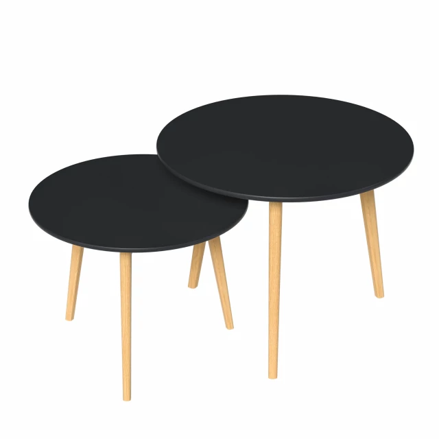 Wood brown black round nested tables with metal accents suitable for outdoor use