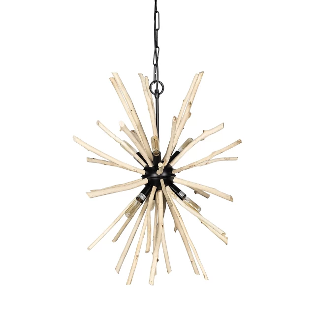 metal starburst six bulb hanging light with artful design and symmetrical electric blue accents