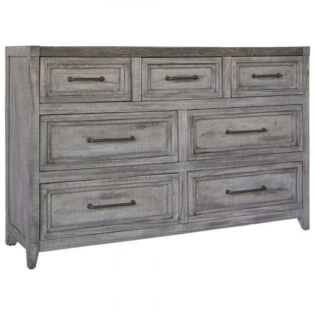 Solid wood seven drawer double dresser in bedroom setting