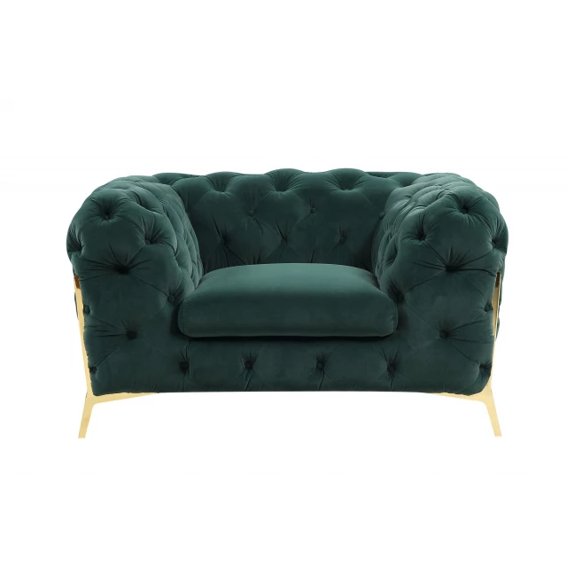 Tufted velvet gold lounge chair with comfortable rectangular seat and electric blue accents
