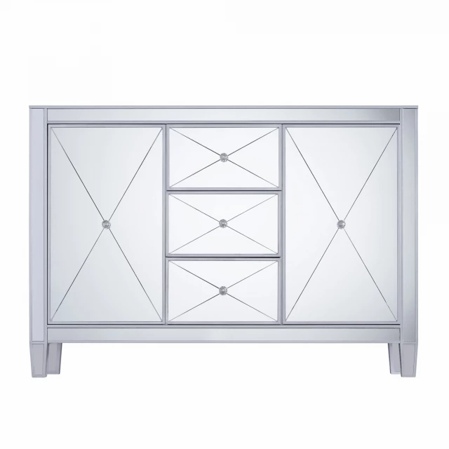 Mirrored bling multi storage accent cabinet with symmetrical design and decorative doors
