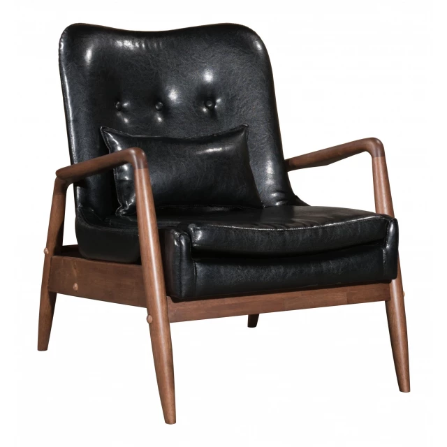 faux leather tufted arm chair with ottoman in a comfortable and stylish design with wood and metal accents