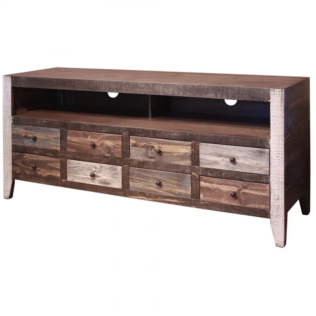 Distressed wood TV stand with enclosed cabinet storage and shelving
