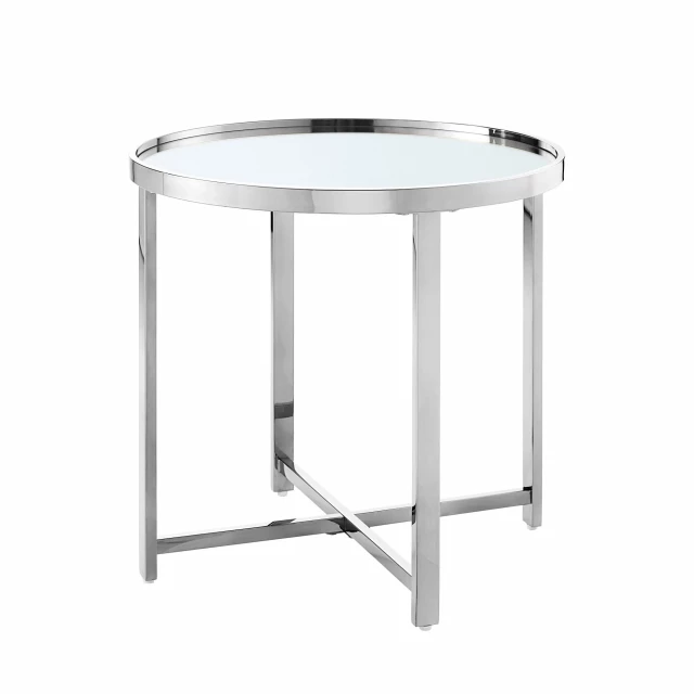 alt=Silver glass round mirrored end table in a furniture setting