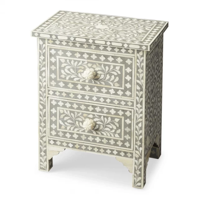 Vivienne Grey Bone Inlay Accent Chest with drawers and wood shelves