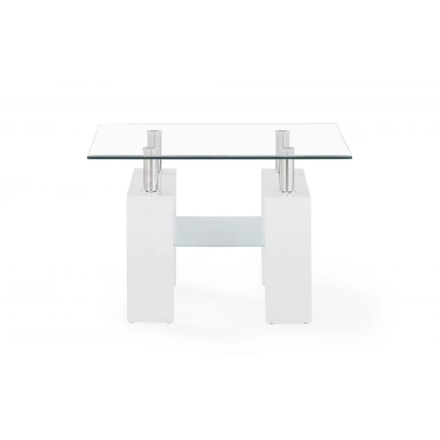 Rectangular clear glass leg end table with symmetrical metal design