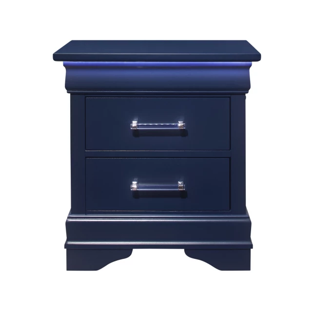 Blue drawer solid wood lighted nightstand with metal accents and electric blue highlights