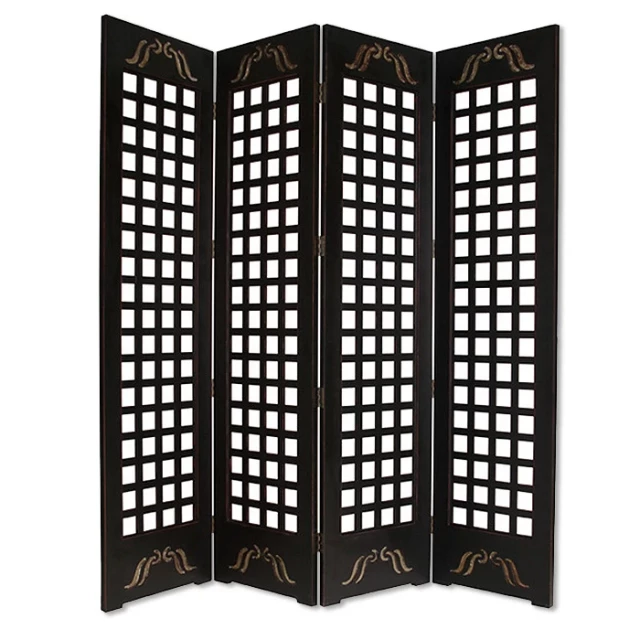 Brown wood omega screen with symmetrical patterns and artful tints and shades