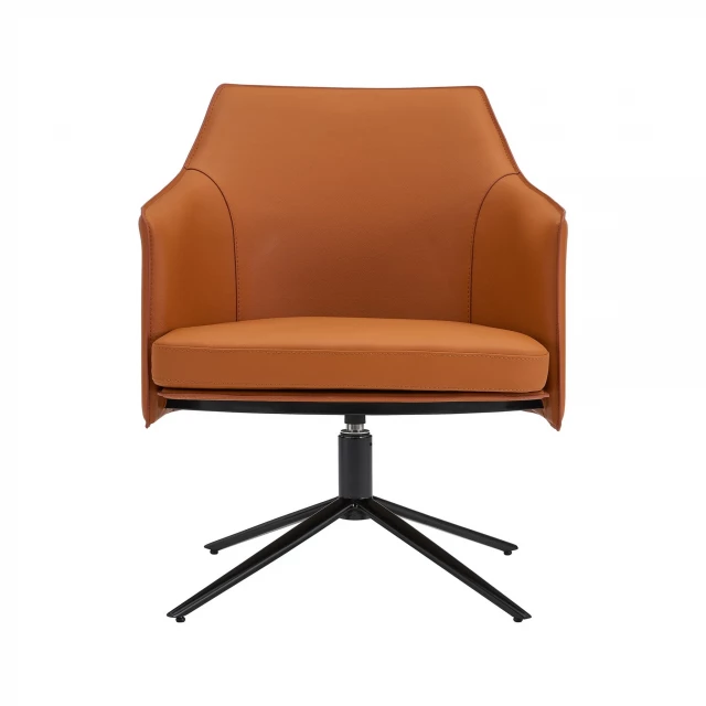 Black faux leather swivel lounge chair with armrests and wood flooring