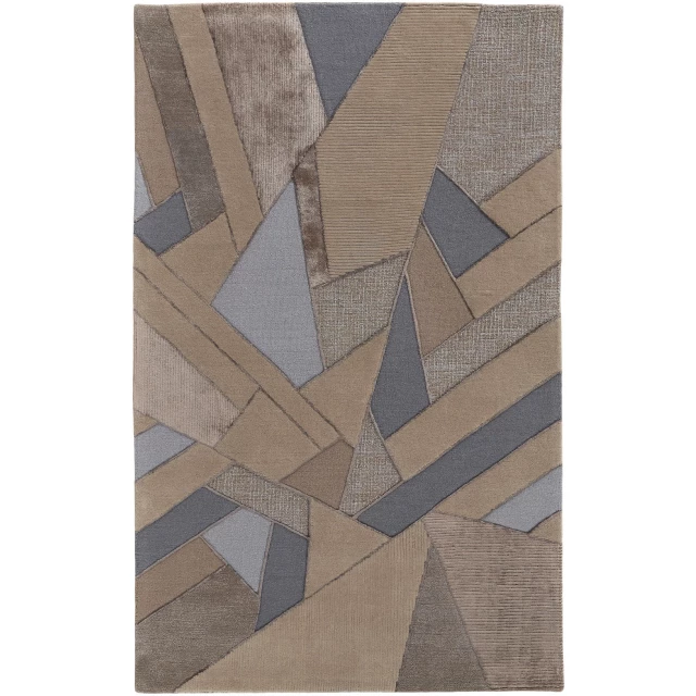 wool geometric tufted handmade area rug in brown beige and grey with triangle and rectangle patterns