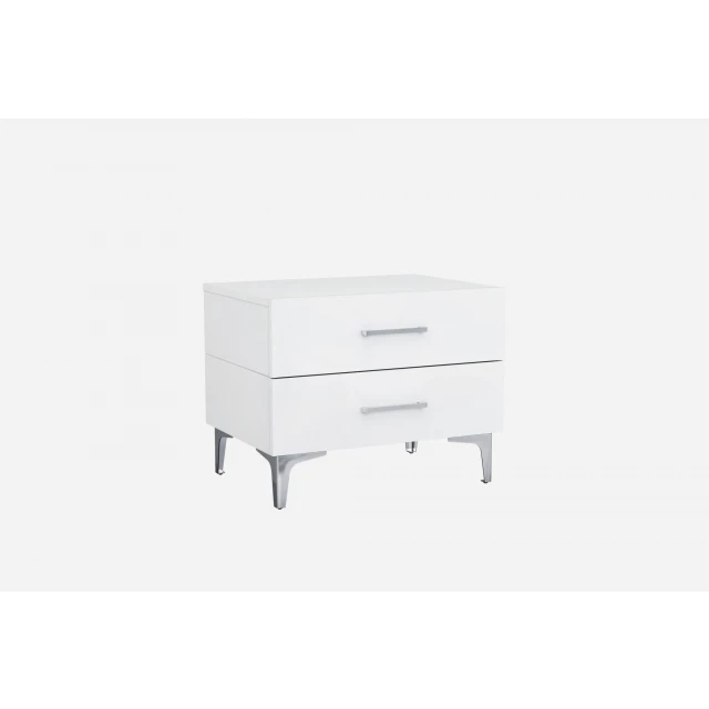 White drawers nightstand in hardwood with metal handles