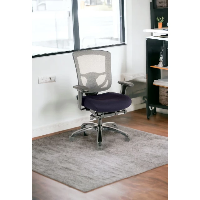 adjustable swivel mesh rolling office chair in modern office interior design with wood flooring and grey accents