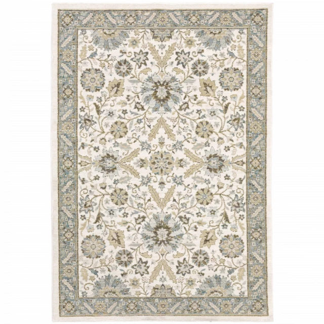 power loom stain resistant area rug with beige and silver pattern and symmetrical ornament design