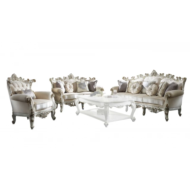 Silver polyester blend damask Chesterfield loveseat furniture in studio setting