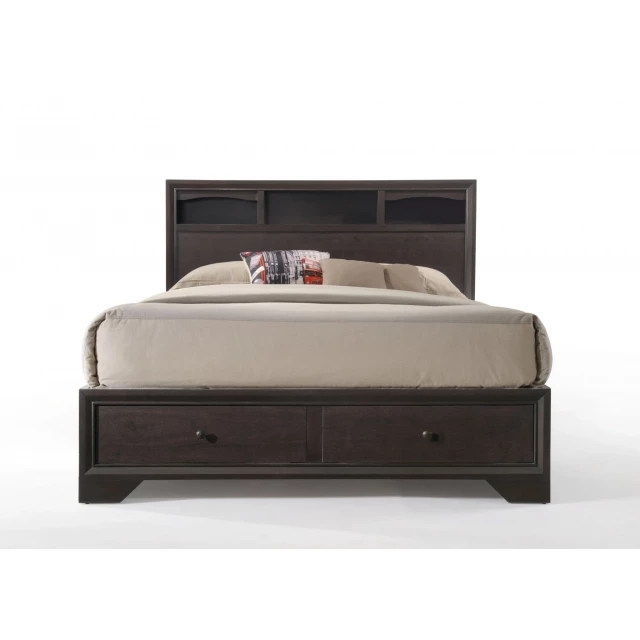 Rich espresso finish queen bed with storage features