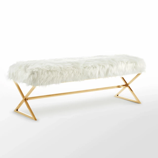 White gold upholstered faux fur bench with wood and metal details