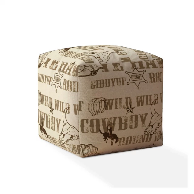 Brown cotton animal print pouf ottoman with wood-like texture and art-inspired design
