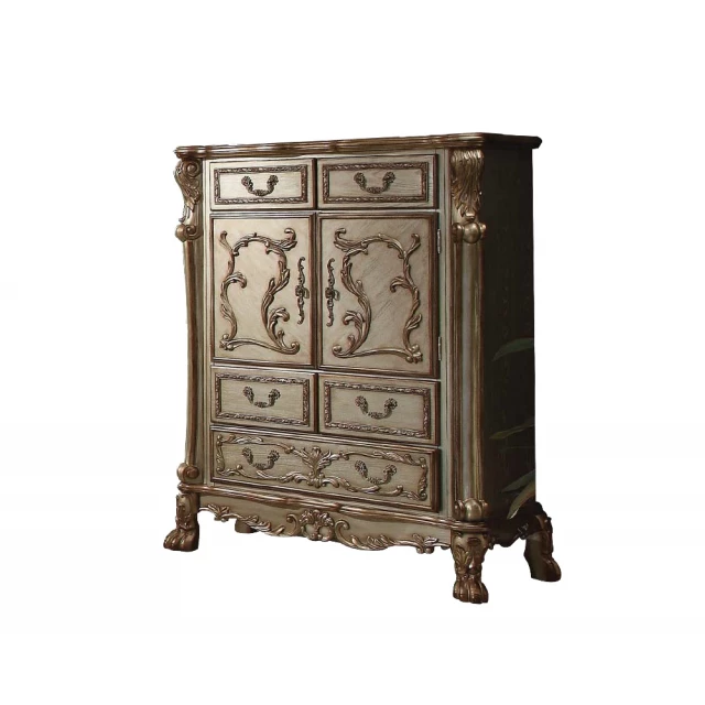 Patina bone wood poly resin chest with intricate design details