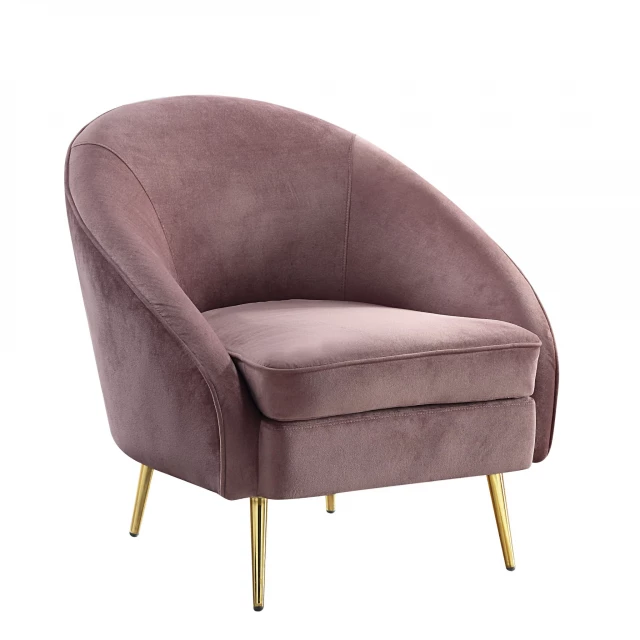Pink velvet gold barrel chair with plush comfort and elegant wood armrests