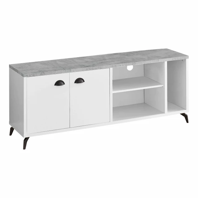 White cabinet enclosed storage TV stand with wood drawers and metal handles