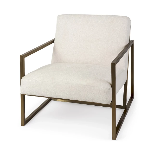 Cream gold accent side chair with armrests and hardwood construction in a natural finish
