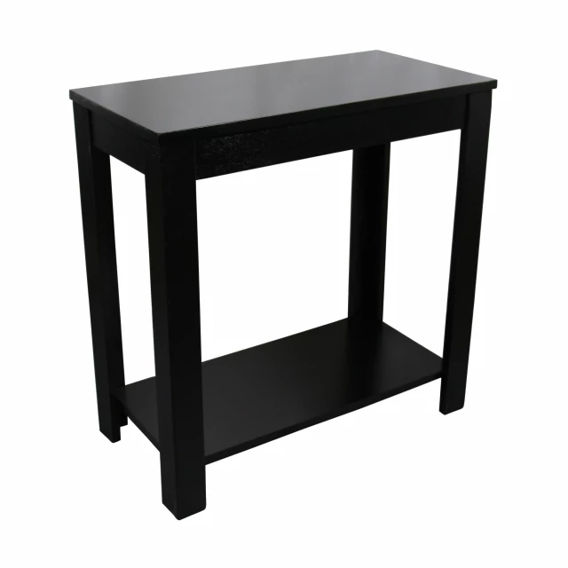 Black end table shelf with wood pedestal and rectangle shelf for modern outdoor furniture.